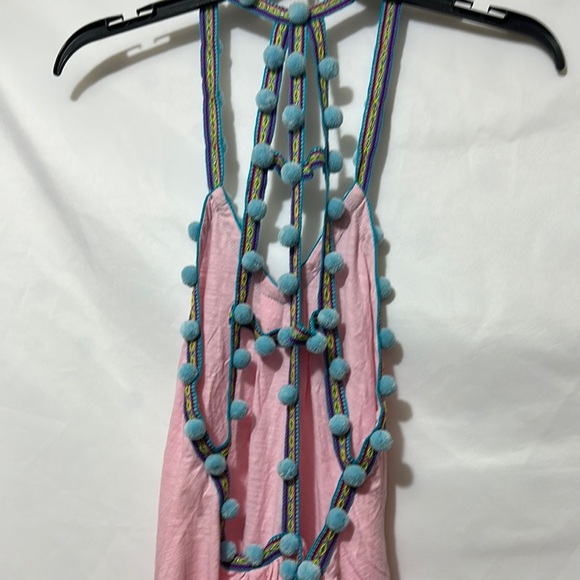 Pink Halter Dress with Blue Pom-Pom Trim - Picture 3 of 5